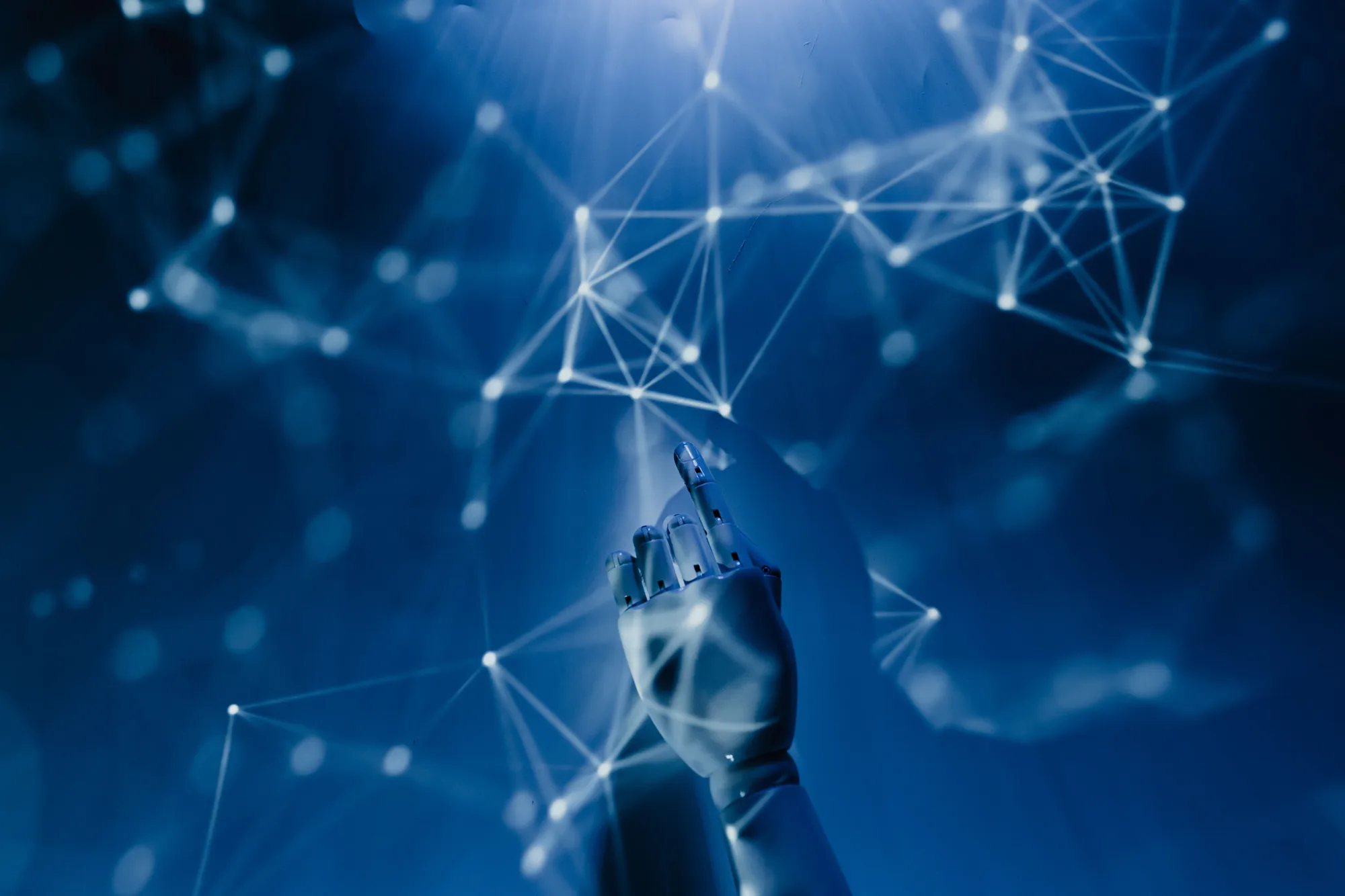 A humanoid pointing to the digital sky, pointing out futures frame work