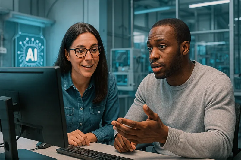 Two colleagues discussing an AI project at a computer in a technology lab